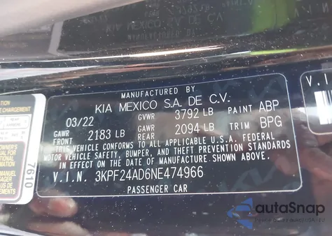 2022 Kia Forte Lxs из США, поврежденный, VIN 3KPF24AD6NE474966